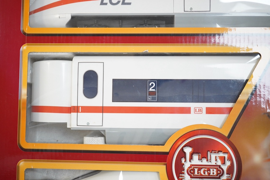 A boxed LGB G scale (45mm gauge) LCE train set (78600) together with an additional restaurant car (30604). Condition - good.